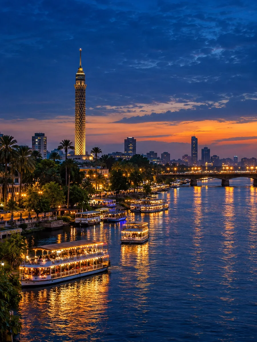 The lit Cairo Tower and dinner boats on the Nile in central Cairo at blue hour